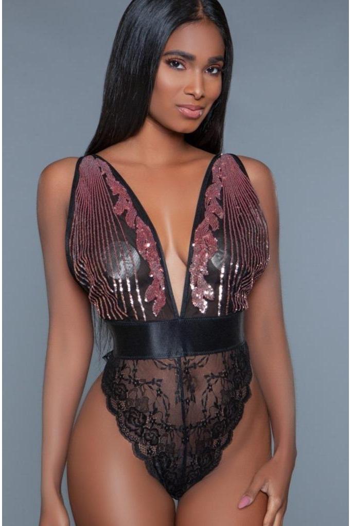 Sequin Trimmed Sheer Bodysuit-Bodysuits-BeWicked-Black-S-SEXYSHOES.COM