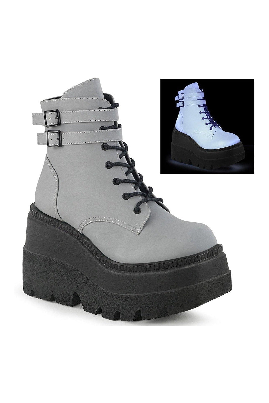 Demonia SHAKER-52 Ankle Boot in Grey Faux Leather from SexyShoes.com