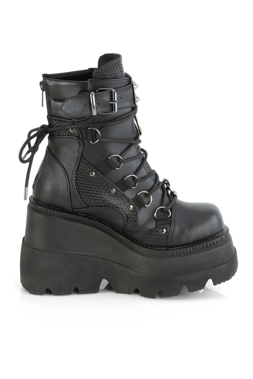 Demonia SHAKER-60 Ankle Boot in Black Faux Leather