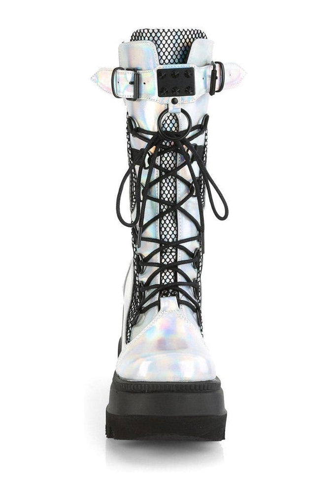 SHAKER-70 Knee Boot | Silver Faux Leather-Knee Boots-Demonia-SEXYSHOES.COM