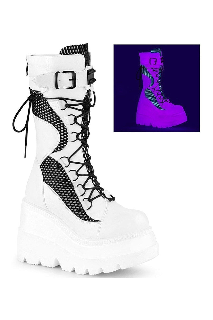 SHAKER-70 Knee Boot | White Faux Leather-Knee Boots-Demonia-SEXYSHOES.COM