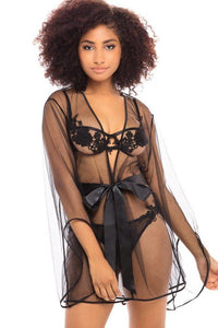 Oh La La Cheri Short Tulle Embriodered Robe in Black  from SexyShoes.com