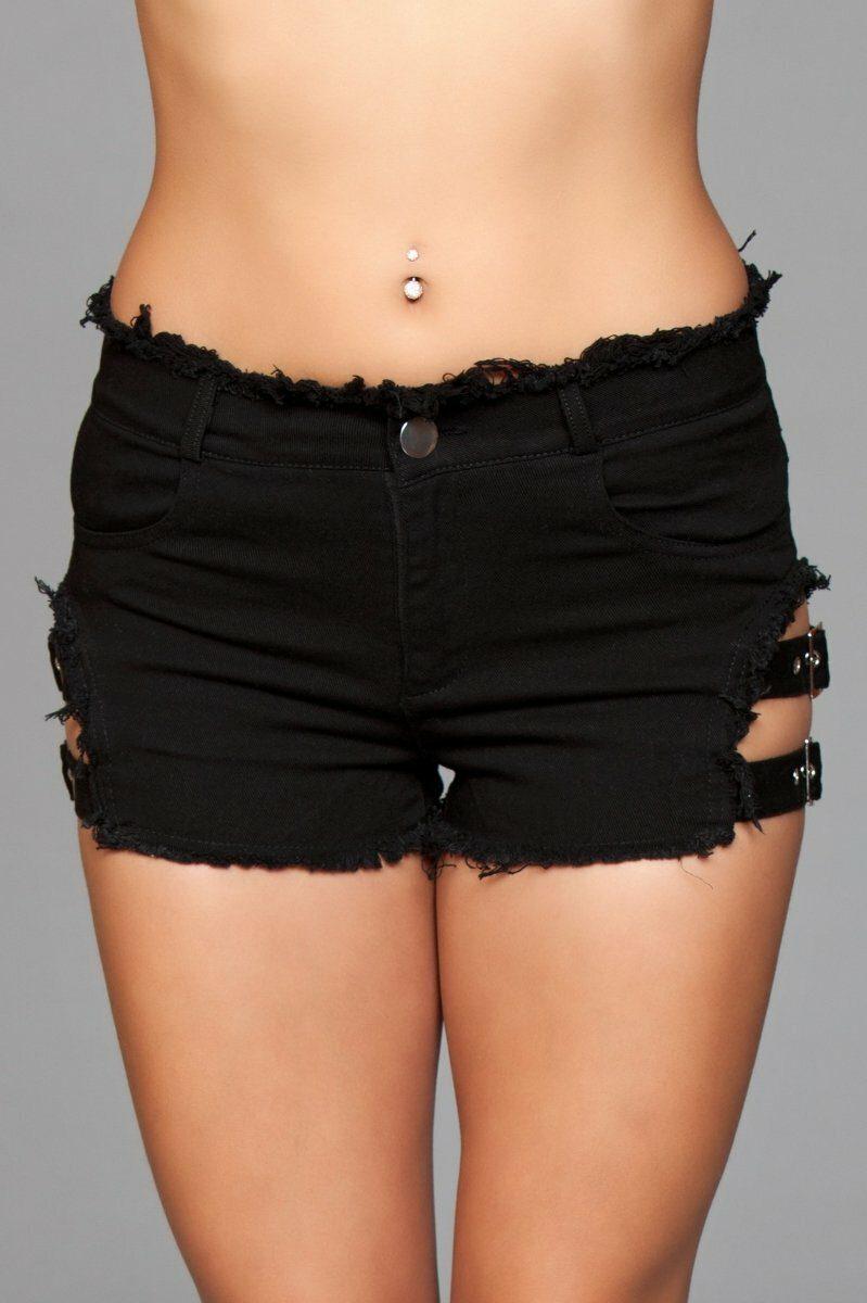 BeWicked Side Buckle Denim Shorts in Black  from SexyShoes.com