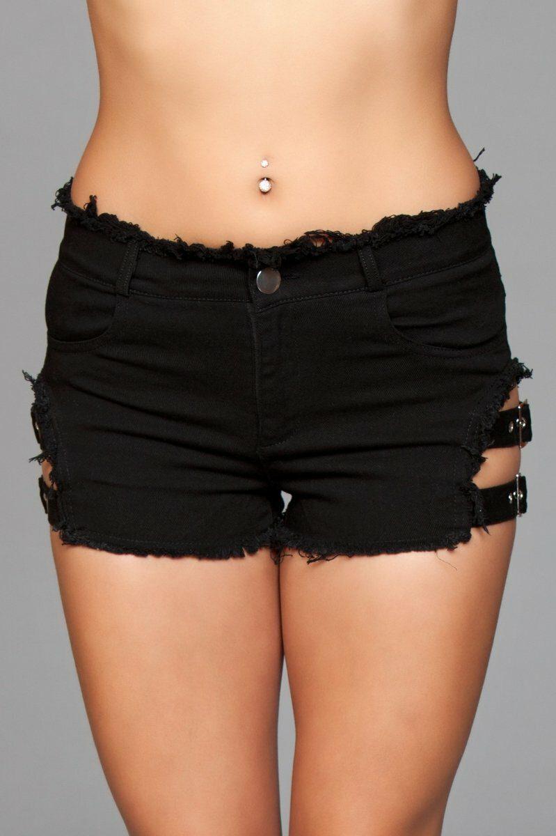 Side Buckle Denim Shorts-Denim Shorts-BeWicked-Black-S-SEXYSHOES.COM