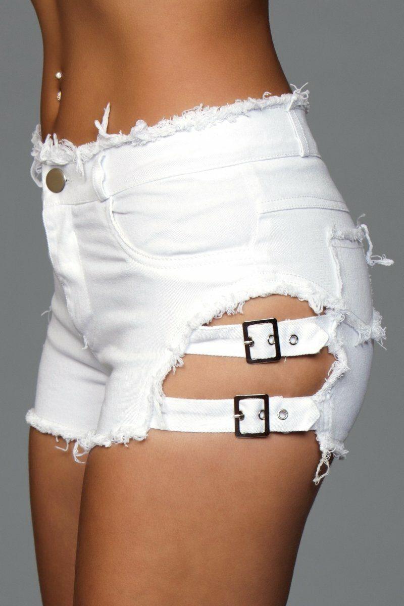 BeWicked Side Buckle Denim Shorts in White 