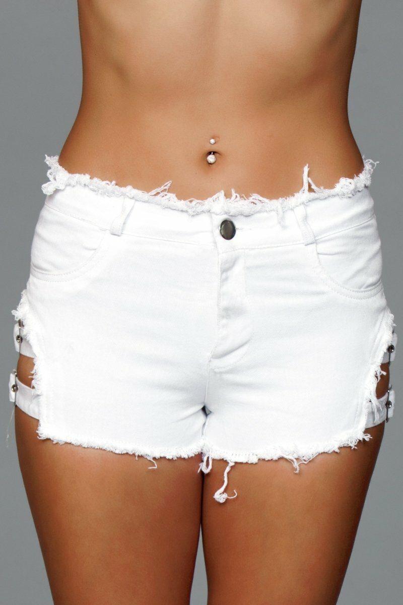 BeWicked Side Buckle Denim Shorts in White  from SexyShoes.com