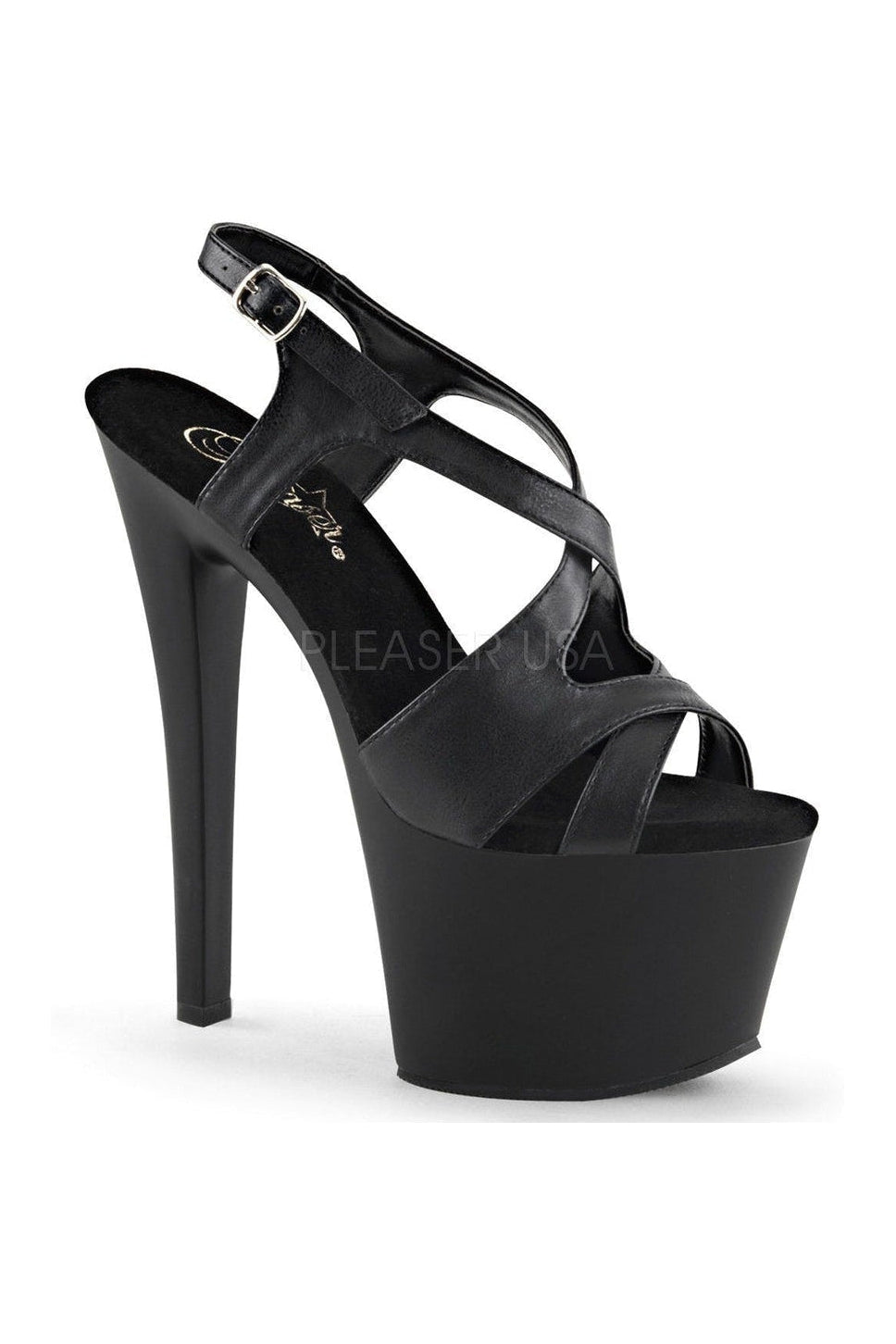 Pleaser SKY-330 Platform Sandal in Black Faux Leather from SexyShoes.com