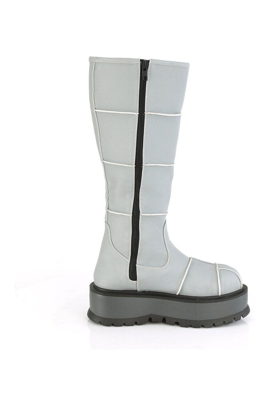 SLACKER-230 Knee Boot | Grey Faux Leather-Knee Boots-Demonia-SEXYSHOES.COM