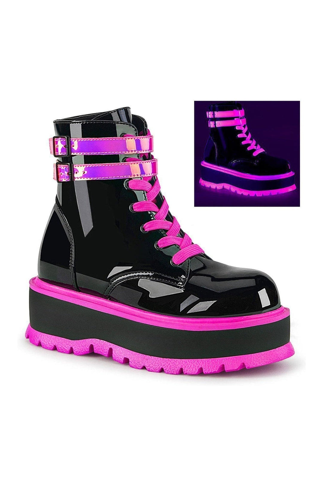 Demonia SLACKER-52 Ankle Boot in Black Patent from SexyShoes.com