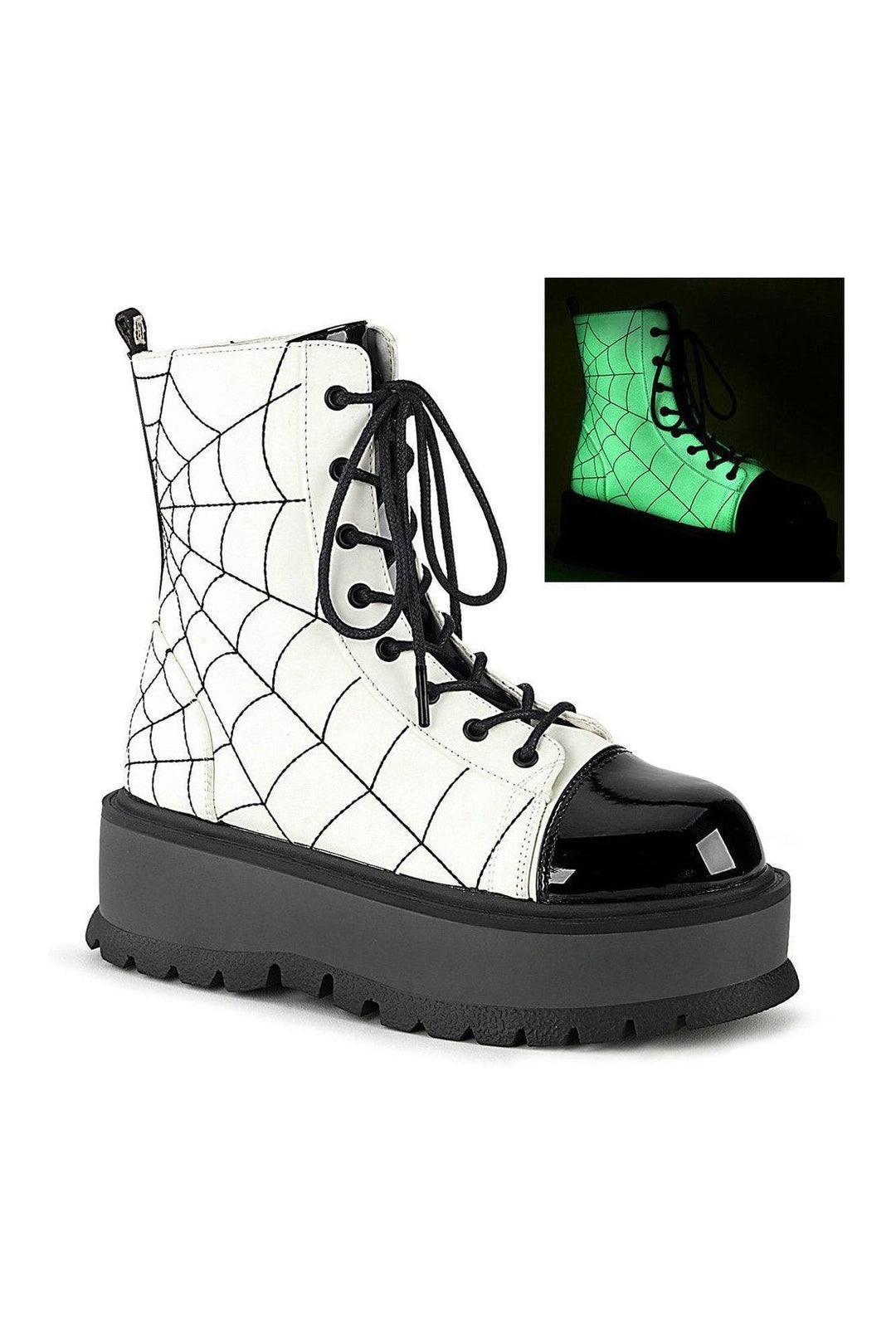 Demonia SLACKER-88 Ankle Boot in White Faux Leather from SexyShoes.com