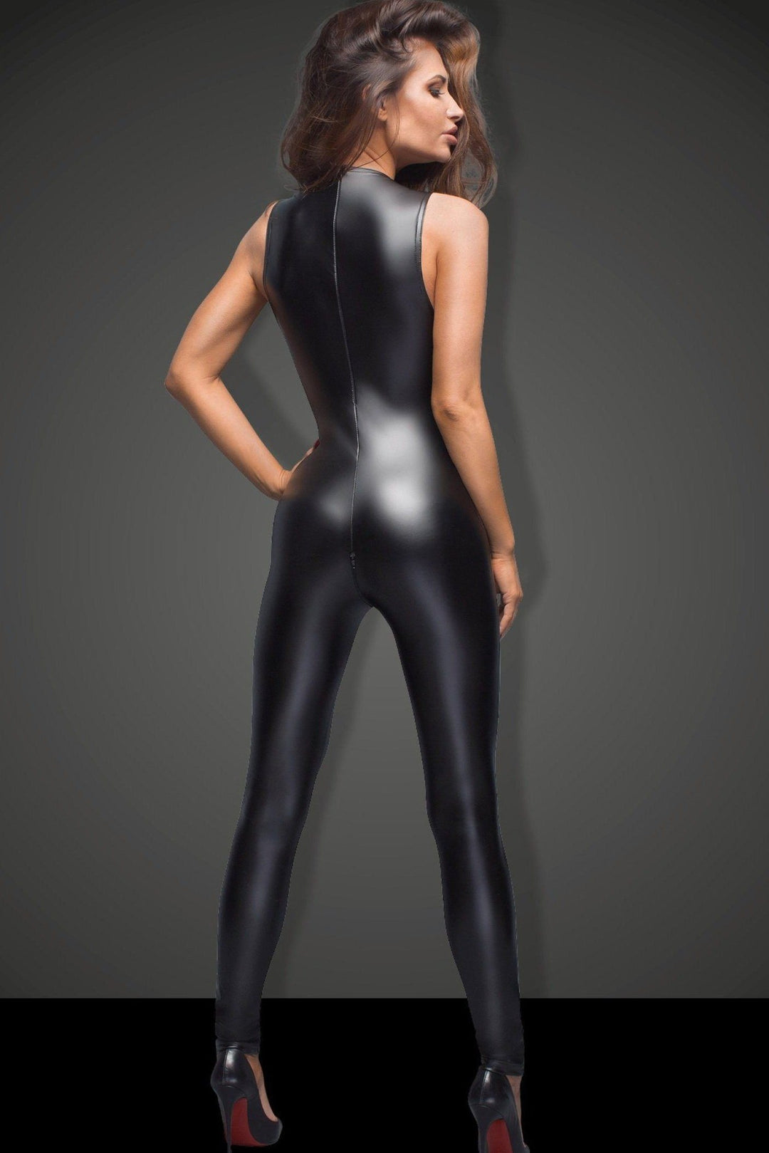 Noir Handmade Sleeveless Lace Full Bodysuit in Black Wetlook