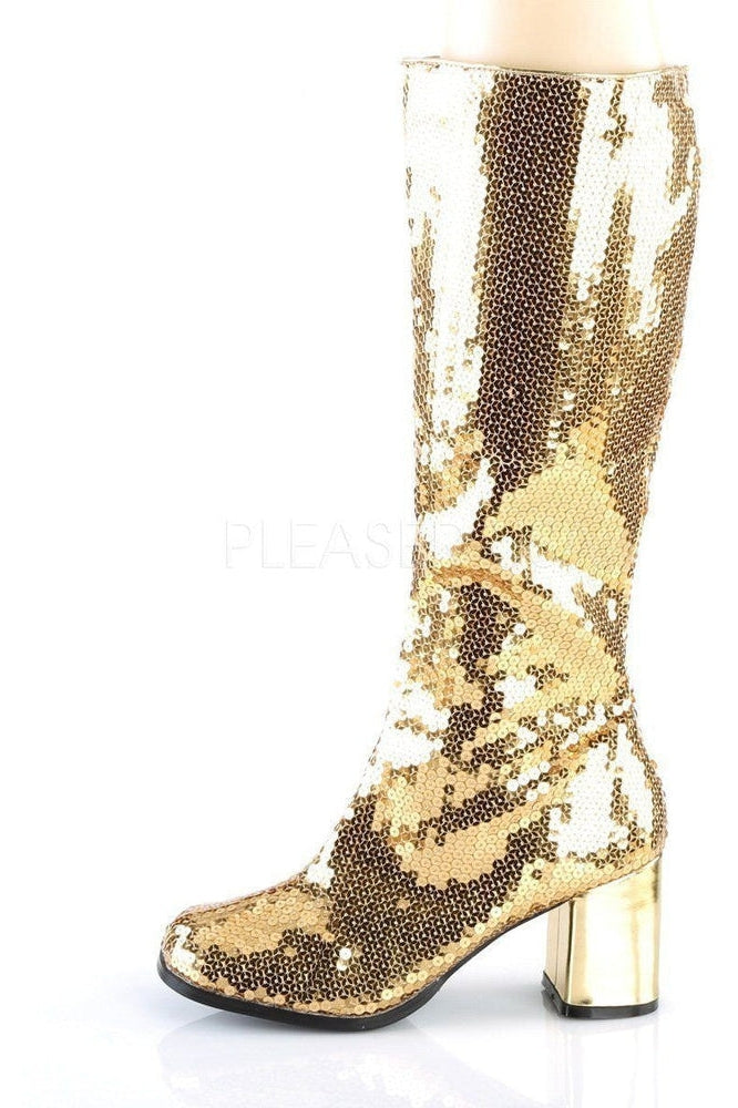 Bordello SPECTACUL-300SQ Knee Boot in Gold Sequins