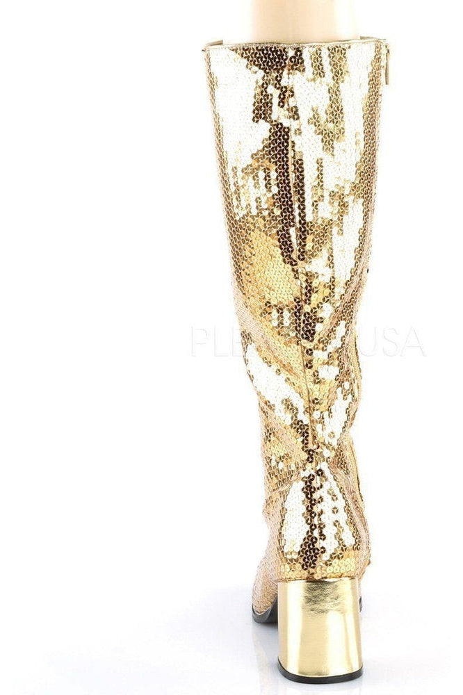 Bordello SPECTACUL-300SQ Knee Boot in Gold Sequins