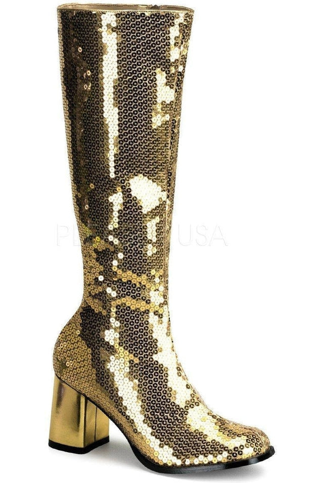 Bordello SPECTACUL-300SQ Knee Boot in Gold Sequins from SexyShoes.com