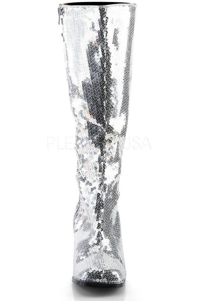 Bordello SPECTACUL-300SQ Knee Boot in Silver Sequins