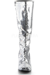 Bordello SPECTACUL-300SQ Knee Boot in Silver Sequins