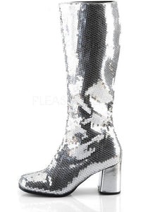 Bordello SPECTACUL-300SQ Knee Boot in Silver Sequins