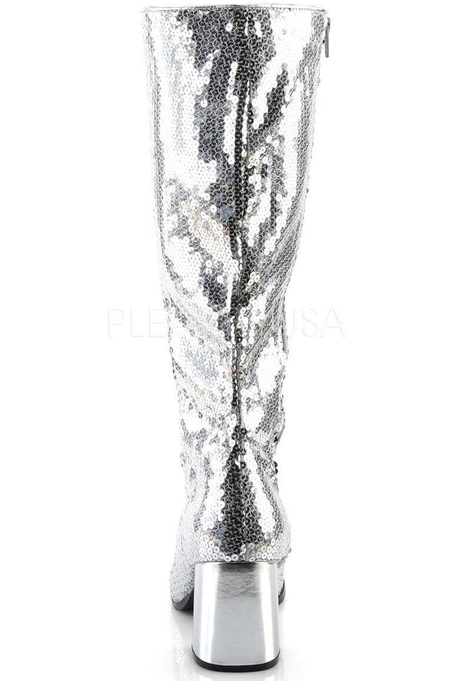 Bordello SPECTACUL-300SQ Knee Boot in Silver Sequins