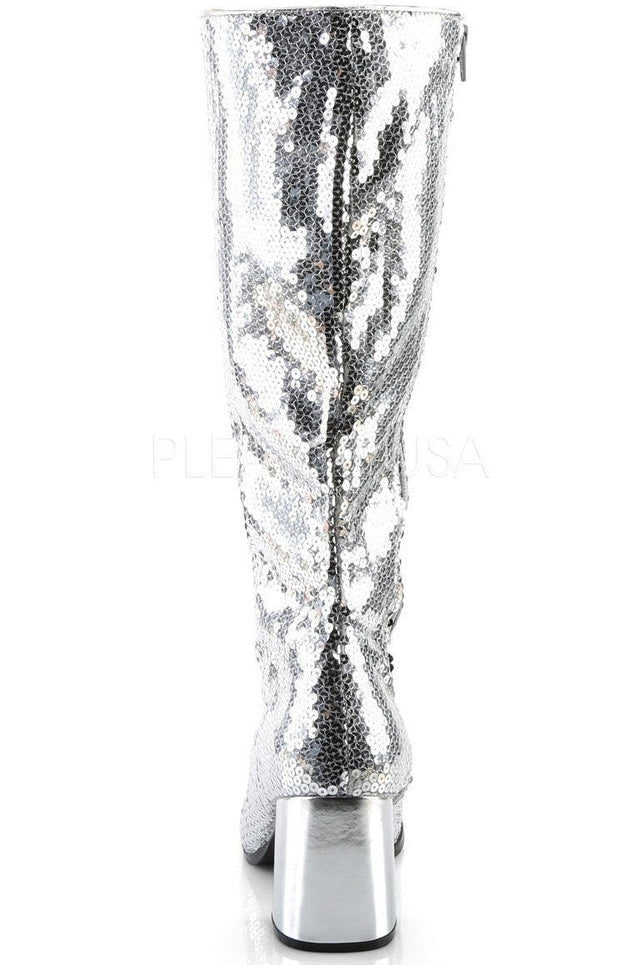 SPECTACUL-300SQ Knee Boot | Silver Sequins-Bordello-Knee Boots-SEXYSHOES.COM
