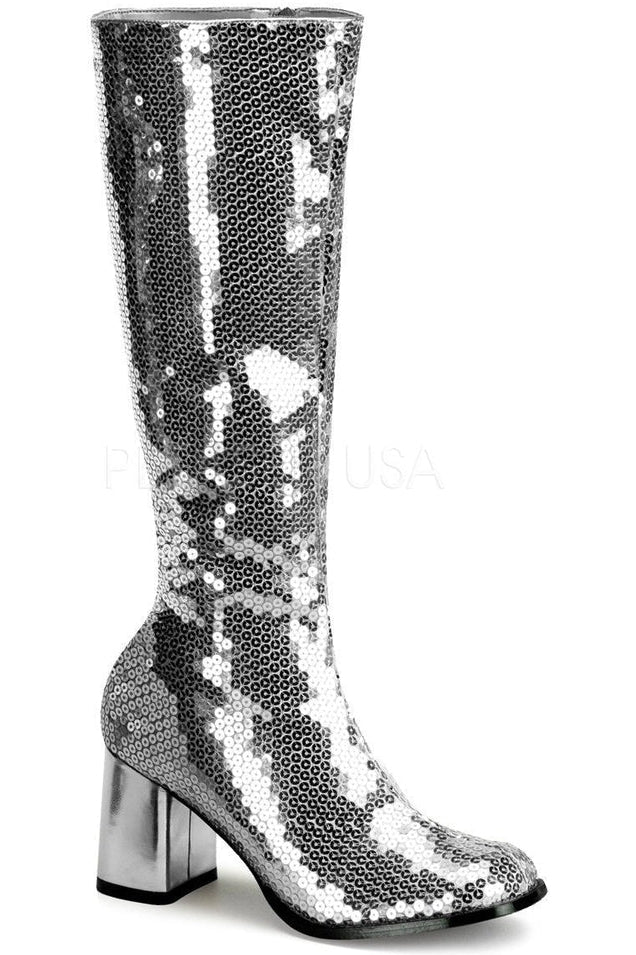 SPECTACUL-300SQ Knee Boot | Silver Sequins-Bordello-Silver-Knee Boots-SEXYSHOES.COM