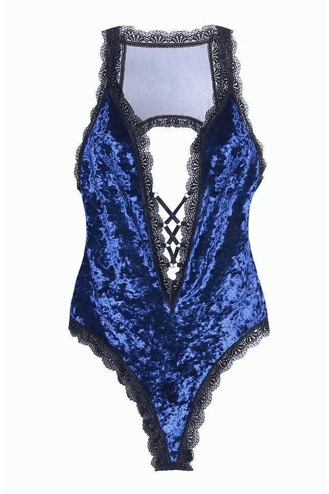 SS-Plus Size Crushed Velvet Teddy With Lace Up Plunge Neckline And Back Keyhole-Lingerie-Oh La La CHeri Brand-Blue-2X-SEXYSHOES.COM