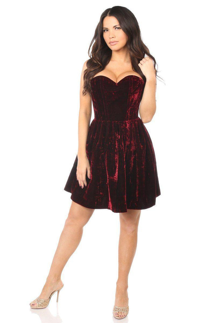 SS-Top Drawer Steel Boned Red Velvet Empire Waist Corset Dress-Final Sale-SEXYSHOES.COM