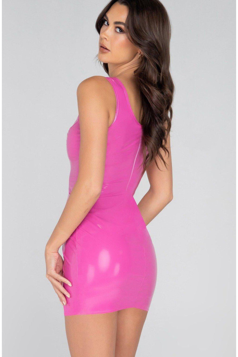 SS-Vinyl Mini Dress with Zipper Closure-Fetish Dresses-Roma Brand-Fuchsia-L-SEXYSHOES.COM