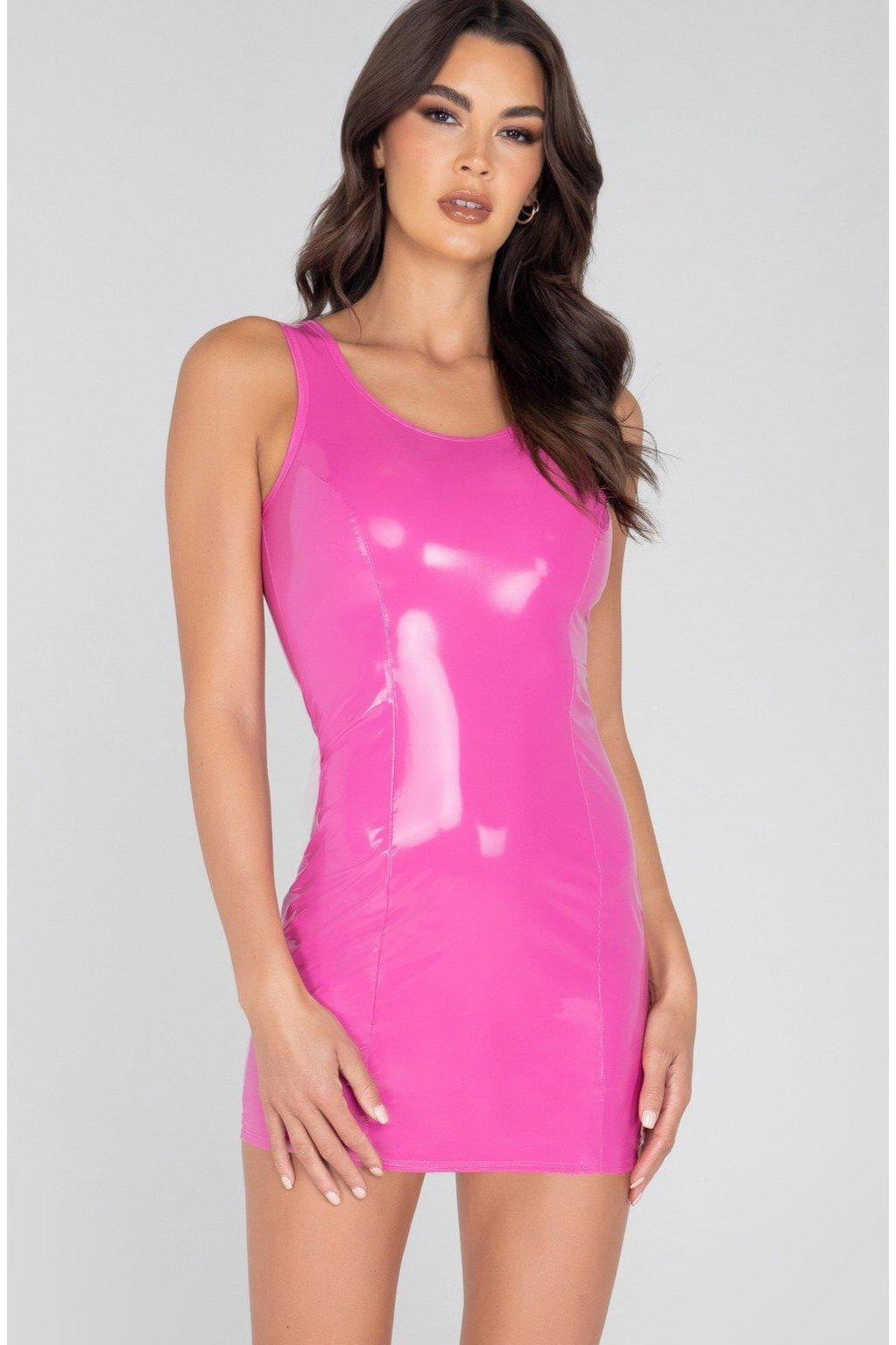 SS-Vinyl Mini Dress with Zipper Closure-Fetish Dresses-Roma Brand-Fuchsia-L-SEXYSHOES.COM