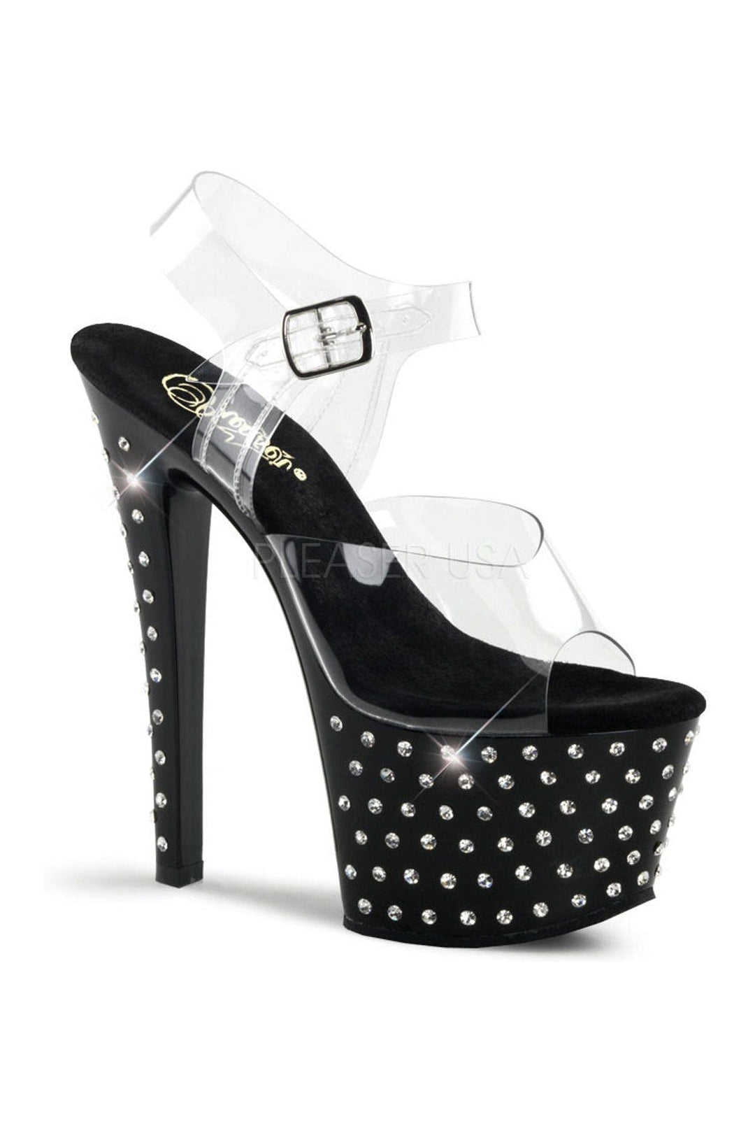 STARDUST-708 Platform Sandal | Black Vinyl-Pleaser-Black-Sandals-SEXYSHOES.COM