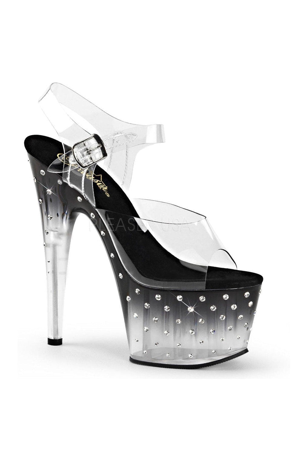 Pleaser STARDUST-708T Platform Sandal in Black Vinyl from SexyShoes.com