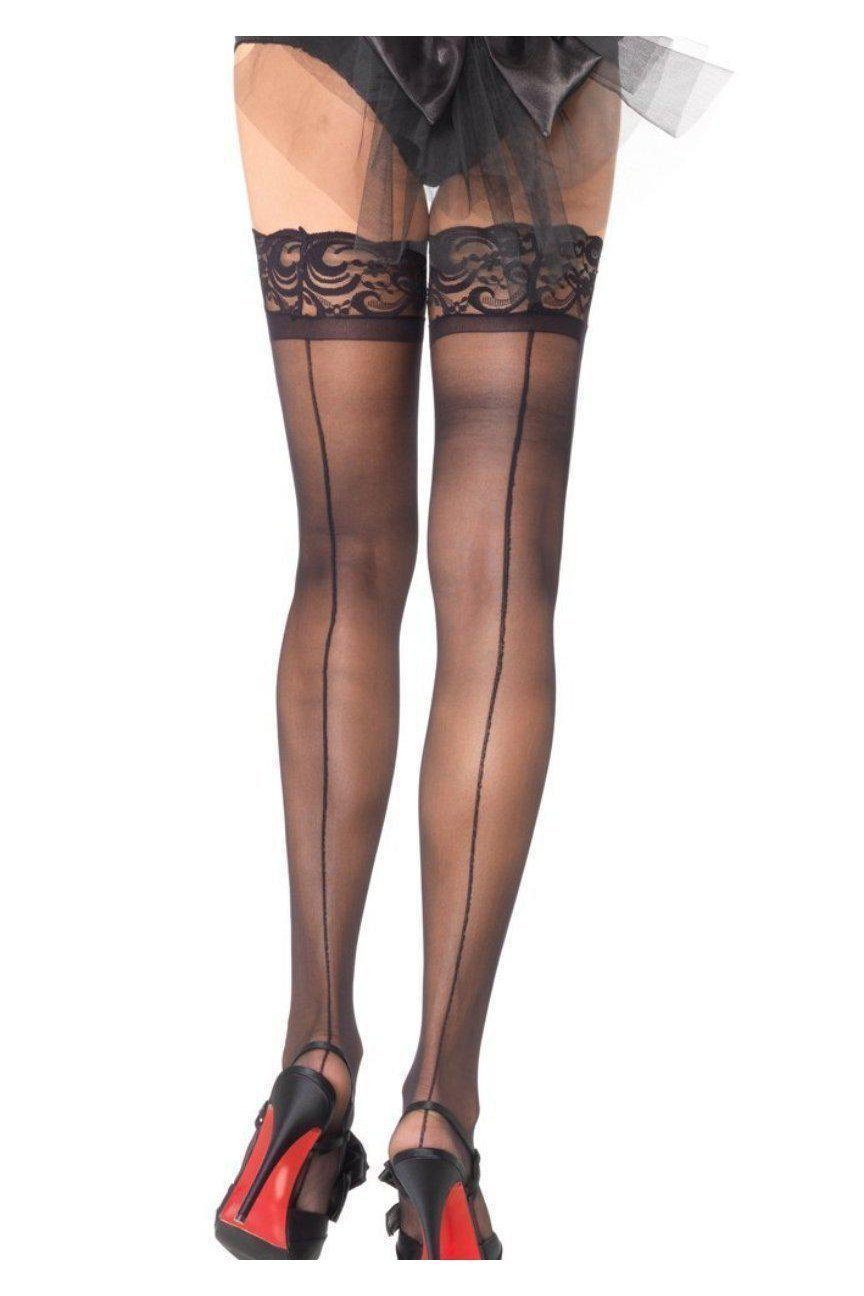 Stay Up Sheer Lace Top Backseam Thigh High | Black-Leg Avenue-SEXYSHOES.COM