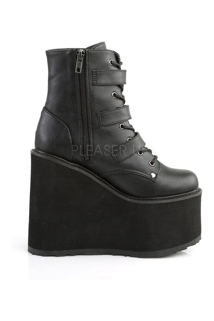 SWING-103 Demonia Wedge | Black Faux Leather-Demonia-Ankle Boots-SEXYSHOES.COM