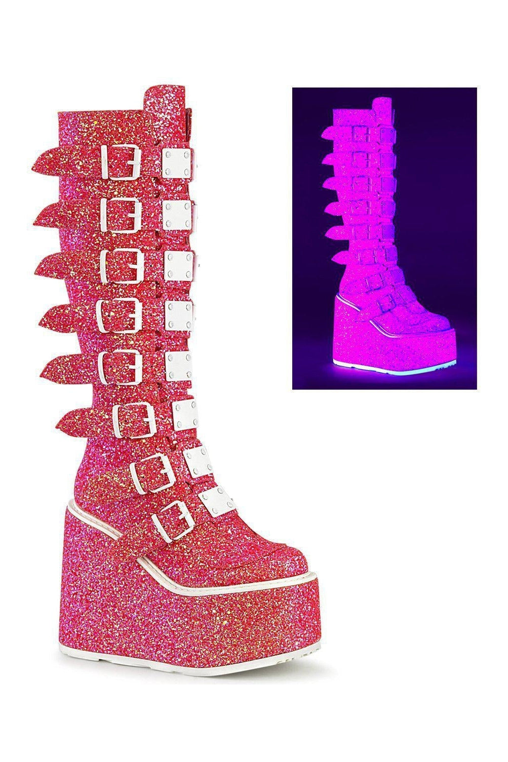 SWING-815UV Knee Boot | Pink Glitter Faux Leather-Knee Boots-Demonia-SEXYSHOES.COM