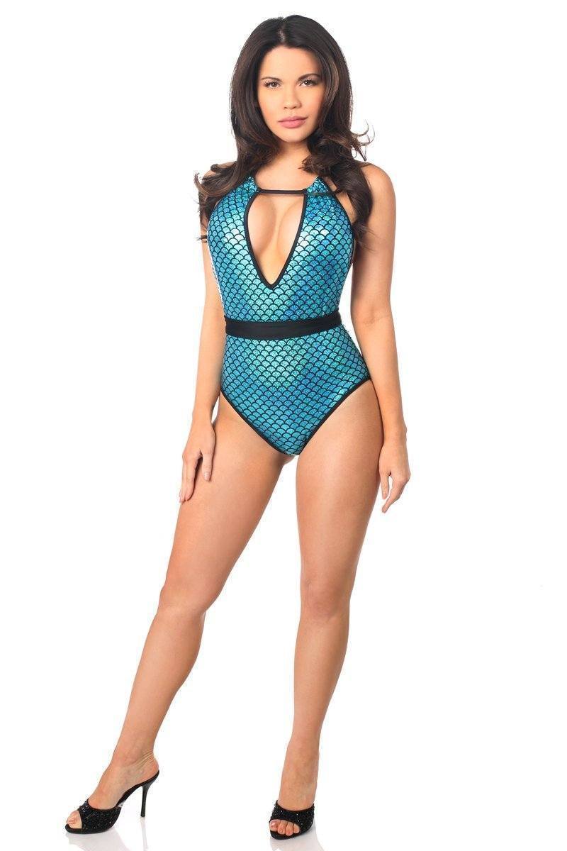 Teal Mermaid One-Piece Pucker Back Swimsuit with Removable Belt-Daisy Corsets-SEXYSHOES.COM