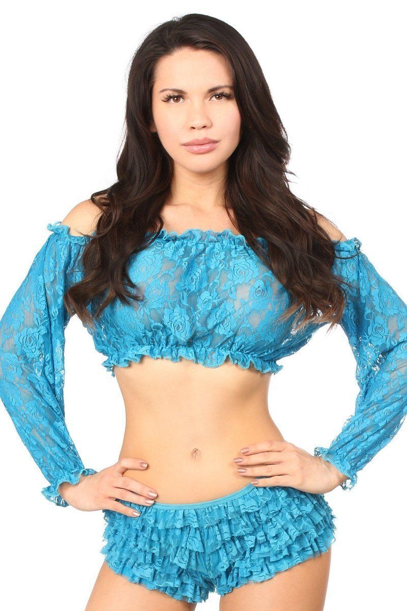 Teal Sheer Lace Long Sleeve Peasant Top by Daisy-Daisy Corsets-SEXYSHOES.COM