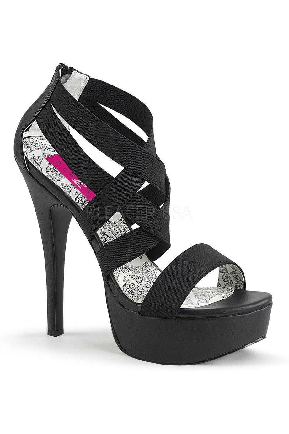 TEEZE-47W Platform Sandal | Black elastic-Pleaser Pink Label-Black-Sandals-SEXYSHOES.COM