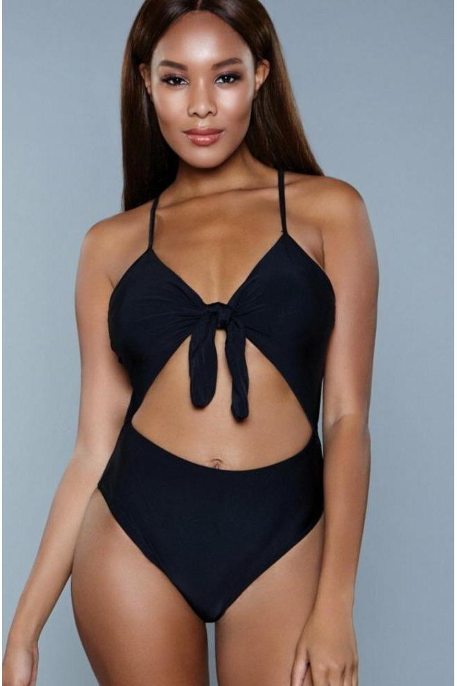 Tie Front One Piece Swimsuit-One Piece Swim-BeWicked-Black-XS-SEXYSHOES.COM