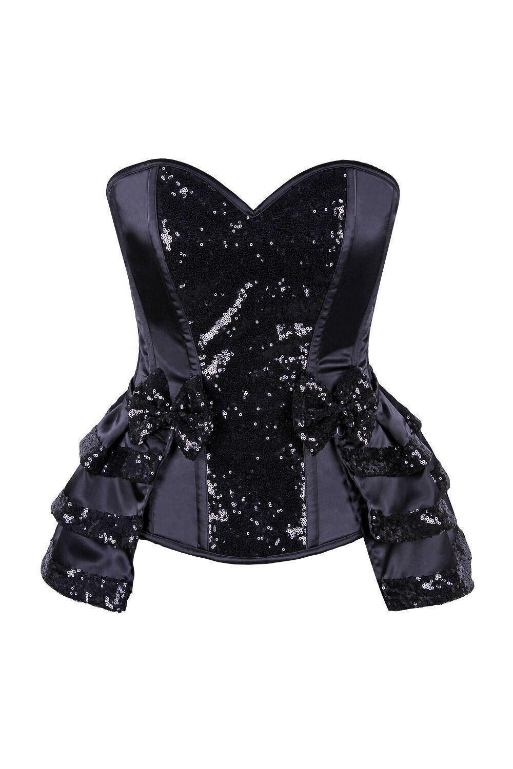 Daisy Corsets Top Drawer Black Satin & Sequin Steel Boned Corset w/Removable Snap Skirt in Black 