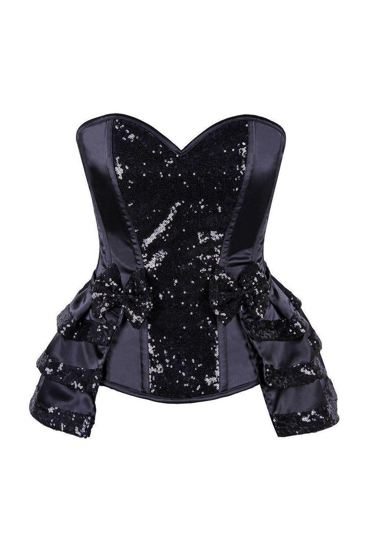 Top Drawer Black Satin & Sequin Steel Boned Corset w/Removable Snap Skirt-Daisy Corsets-SEXYSHOES.COM