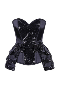 Daisy Corsets Top Drawer Black Satin & Sequin Steel Boned Corset w/Removable Snap Skirt in Black 