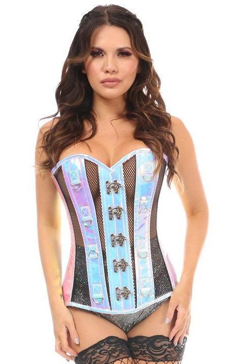 Daisy Corsets Top Drawer Blue Holo & Black Fishnet Steel Boned Over Bust Corset in Blue  from SexyShoes.com