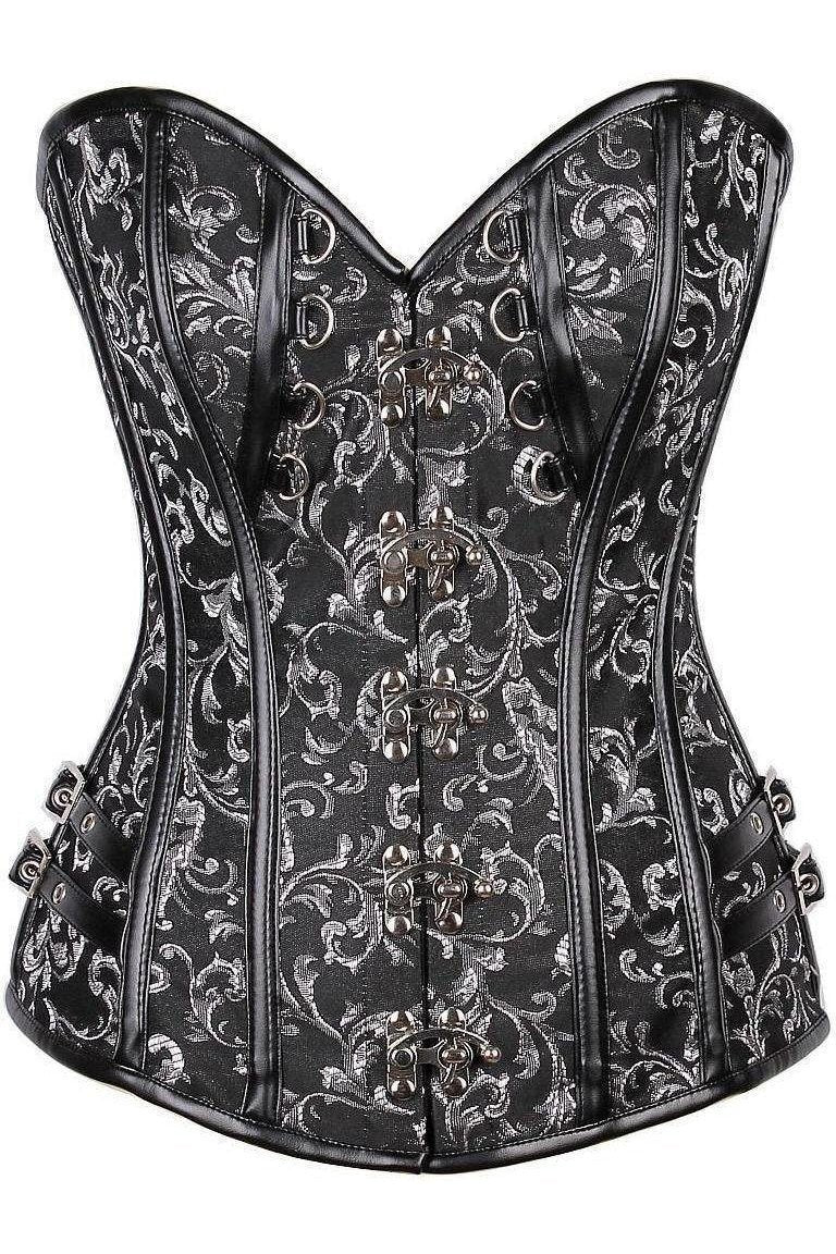 Daisy Corsets Top Drawer Brocade & Faux Leather Steel Boned Corset in Black  from SexyShoes.com