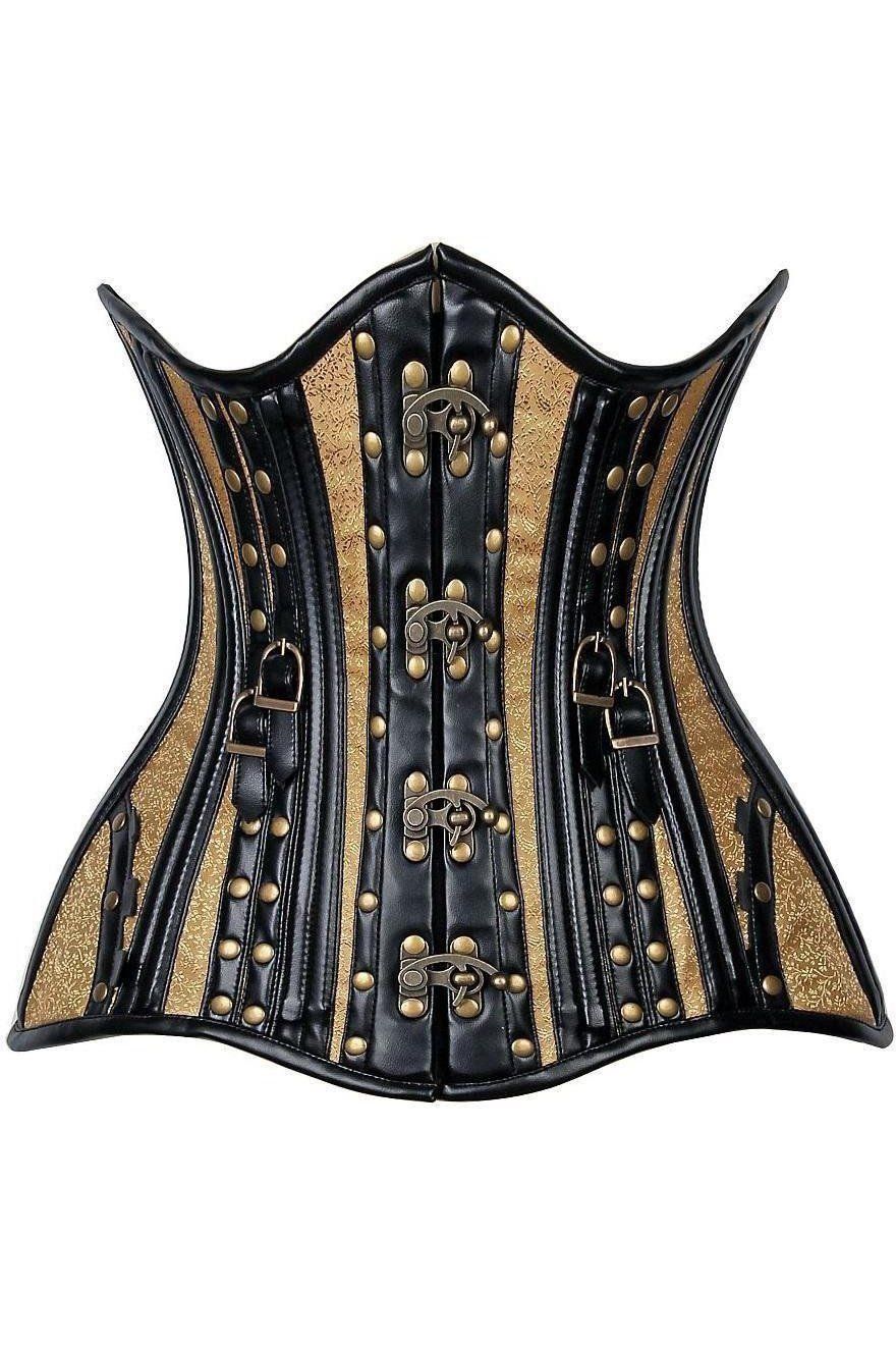 Top Drawer CURVY Faux Leather & Brocade Steel Boned Under Bust Corset w/Rivets-Daisy Premium-SEXYSHOES.COM