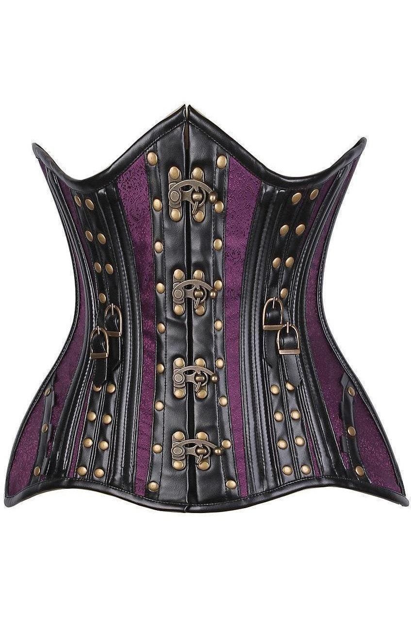 Top Drawer CURVY Faux Leather & Brocade Steel Boned Under Bust Corset w/Rivets-Daisy Premium-SEXYSHOES.COM