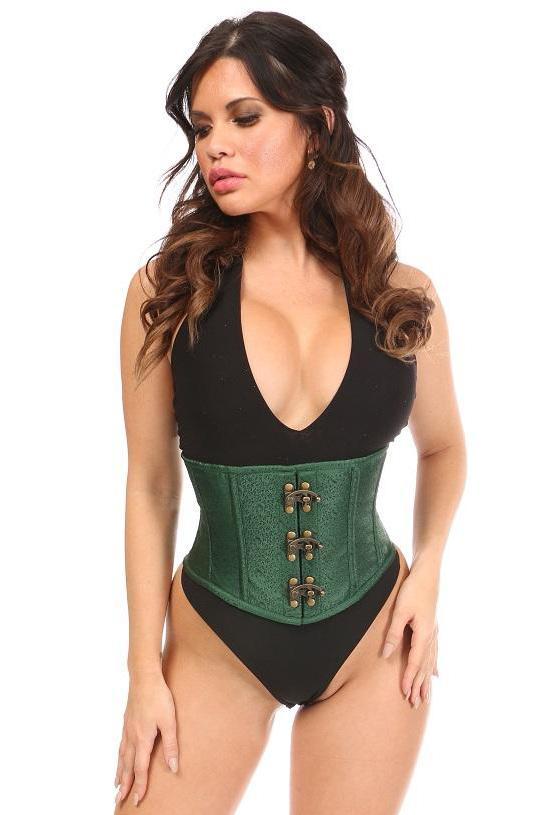 Daisy Corsets Top Drawer Dark Green Brocade Steel Boned Mini Cincher w/Clasps in Green  from SexyShoes.com