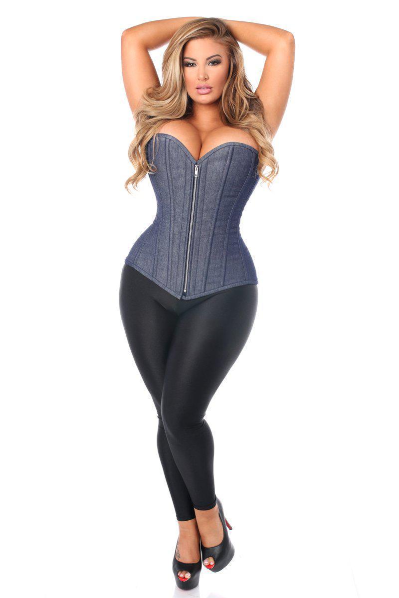 Daisy Corsets Top Drawer Denim Blue Steel Boned Overbust Corset w/Zipper in Blue 