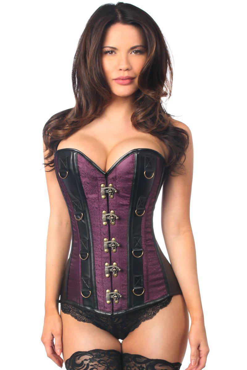 Top Drawer Plum Brocade & Faux Leather Steel Boned Corset-Daisy Corsets-SEXYSHOES.COM