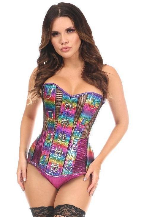 Daisy Corsets Top Drawer Rainbow Glitter PVC & Black Fishnet Steel Boned Over Bust Corset in Rainbow  from SexyShoes.com
