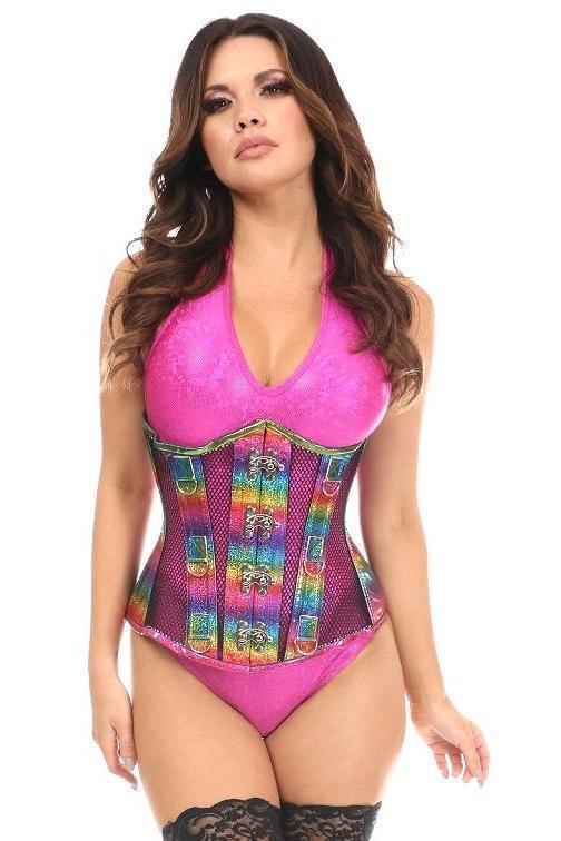 Daisy Corsets Top Drawer Rainbow Glitter PVC & Black Fishnet Steel Boned Under Bust Corset in Rainbow  from SexyShoes.com