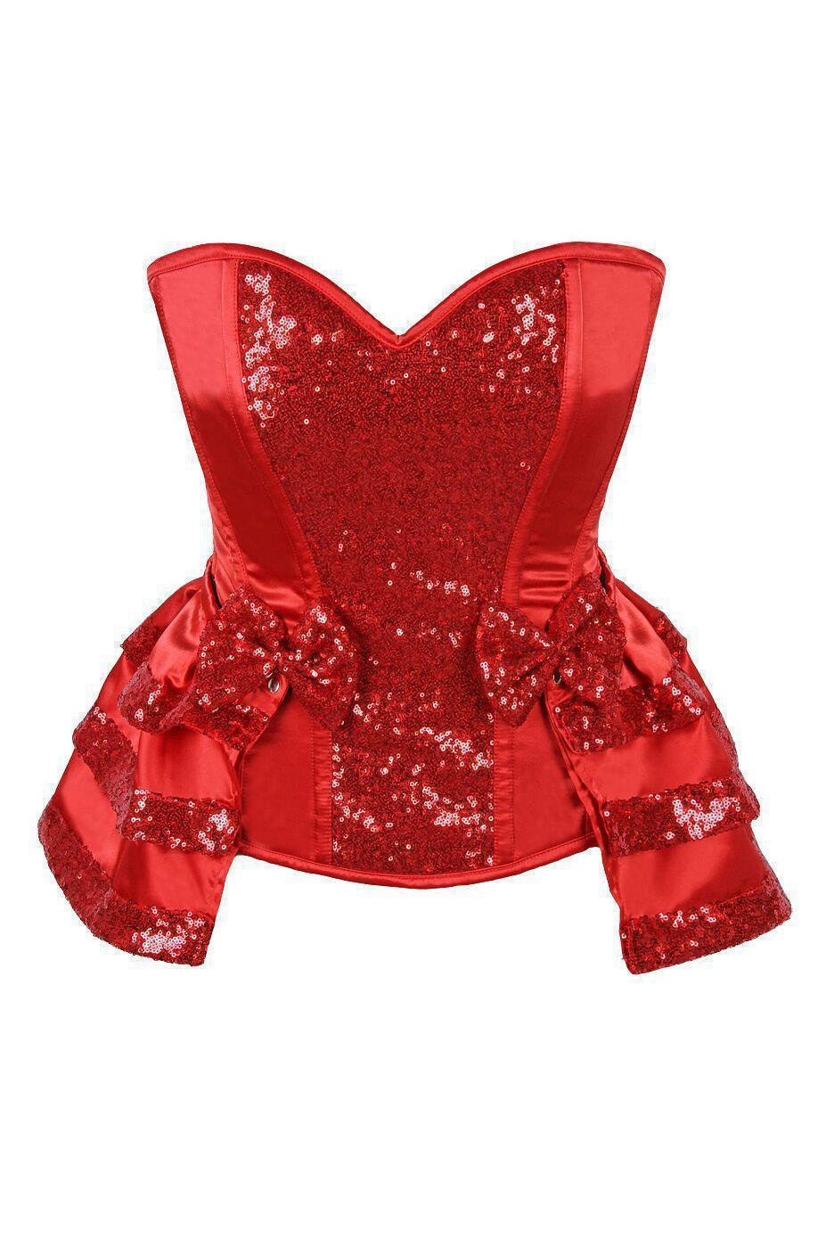 Daisy Corsets Top Drawer Red Satin & Sequin Steel Boned Corset w/Removable Snap Skirt in Red 